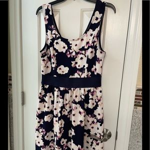 Navy Blue & White Floral Print Dress